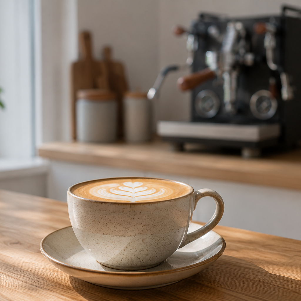 En kop friskbrygget cappuccino i et køkken