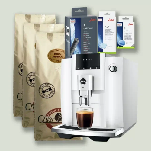 Jura E4 Piano White inkl. fuld plejepakke og 3 kg gourmetkaffe